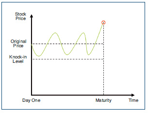 The stock price never declines below the knock-in level, and ends above the original price