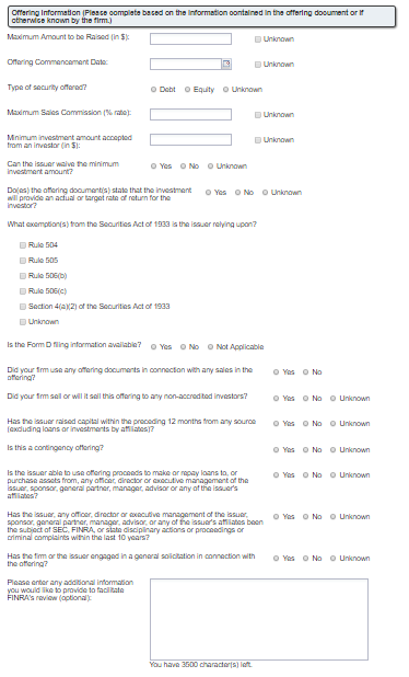 Screenshot of the Private Placements Filing System