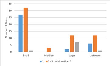 Figure 1: Number of firms with full time equivalent (FTE) staff dedicated to senior investor issues, with 1 FTE, 2 – 5 FTE, and more than 5 FTE, broken down by firm size. Approximately half of respondents indicated a dedicated staff of 2 – 5 FTE. Of the 238 firms that responded to the survey, only 105 firms answered yes to whether they have staff dedicated to senior investor issues, and of those 103 firms provided the information regarding number of FTE.