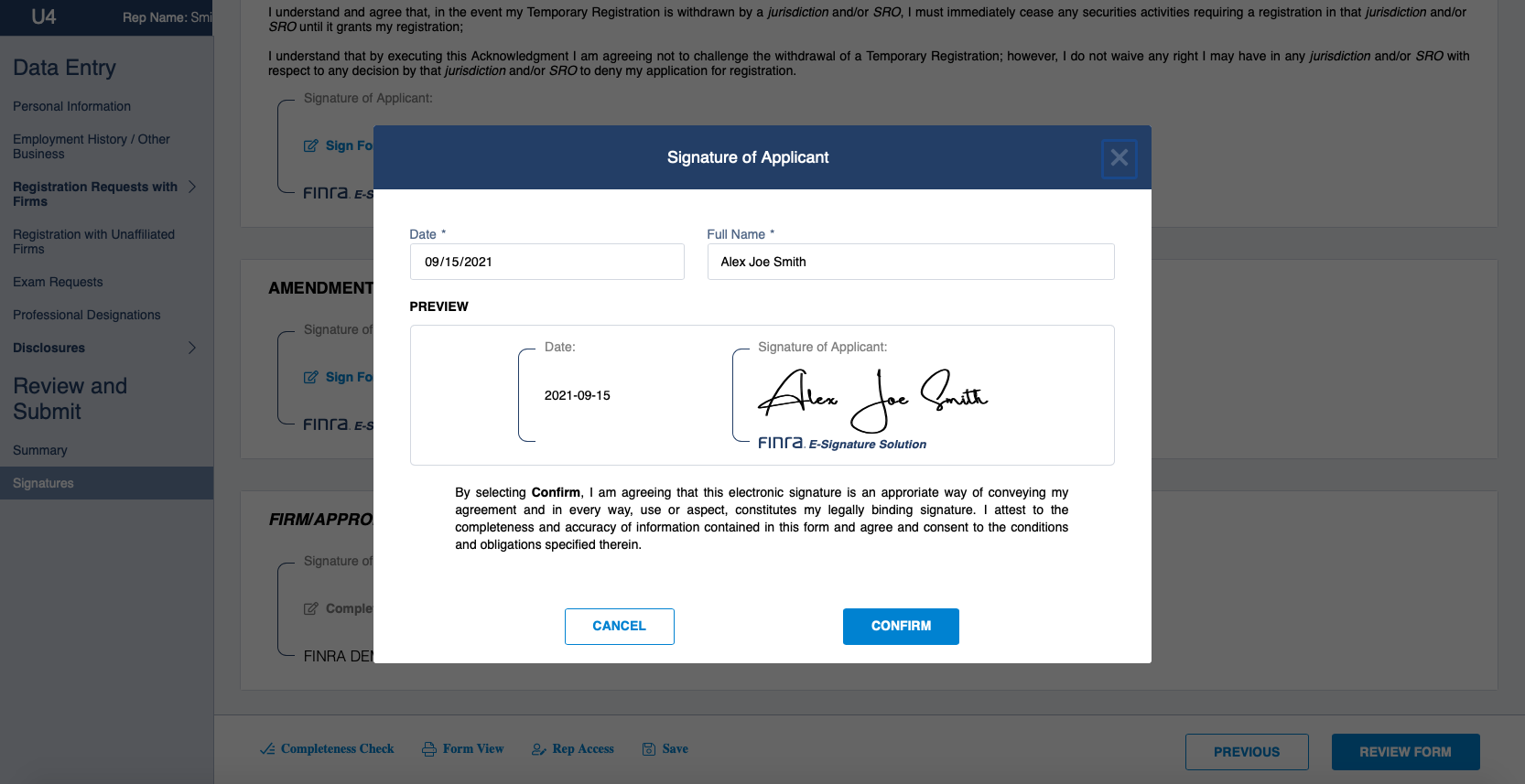 Allow Rep Edits: Confirm Electronic Signature