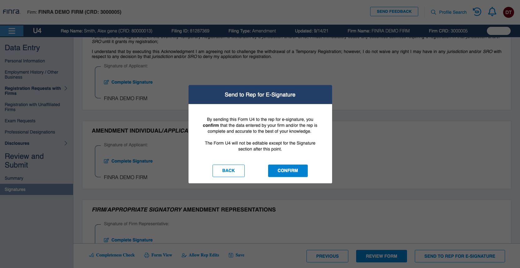 Firm Settings Guide: Confirm Choice to Send Filing to Rep