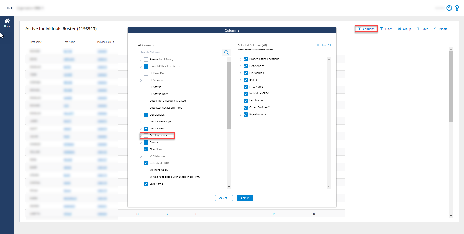 With the Active Individuals Template open, the Employments subtable isn’t shown by default.  Open the Columns tool to add the Employments column by selecting the check box next to it. 