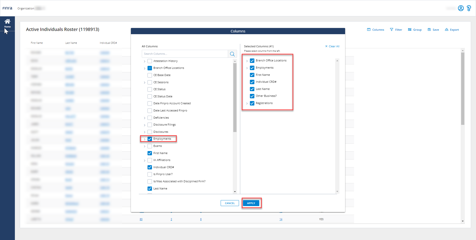 You can remove columns by unchecking them. When you have the columns you want included in Selected Columns section, click Apply