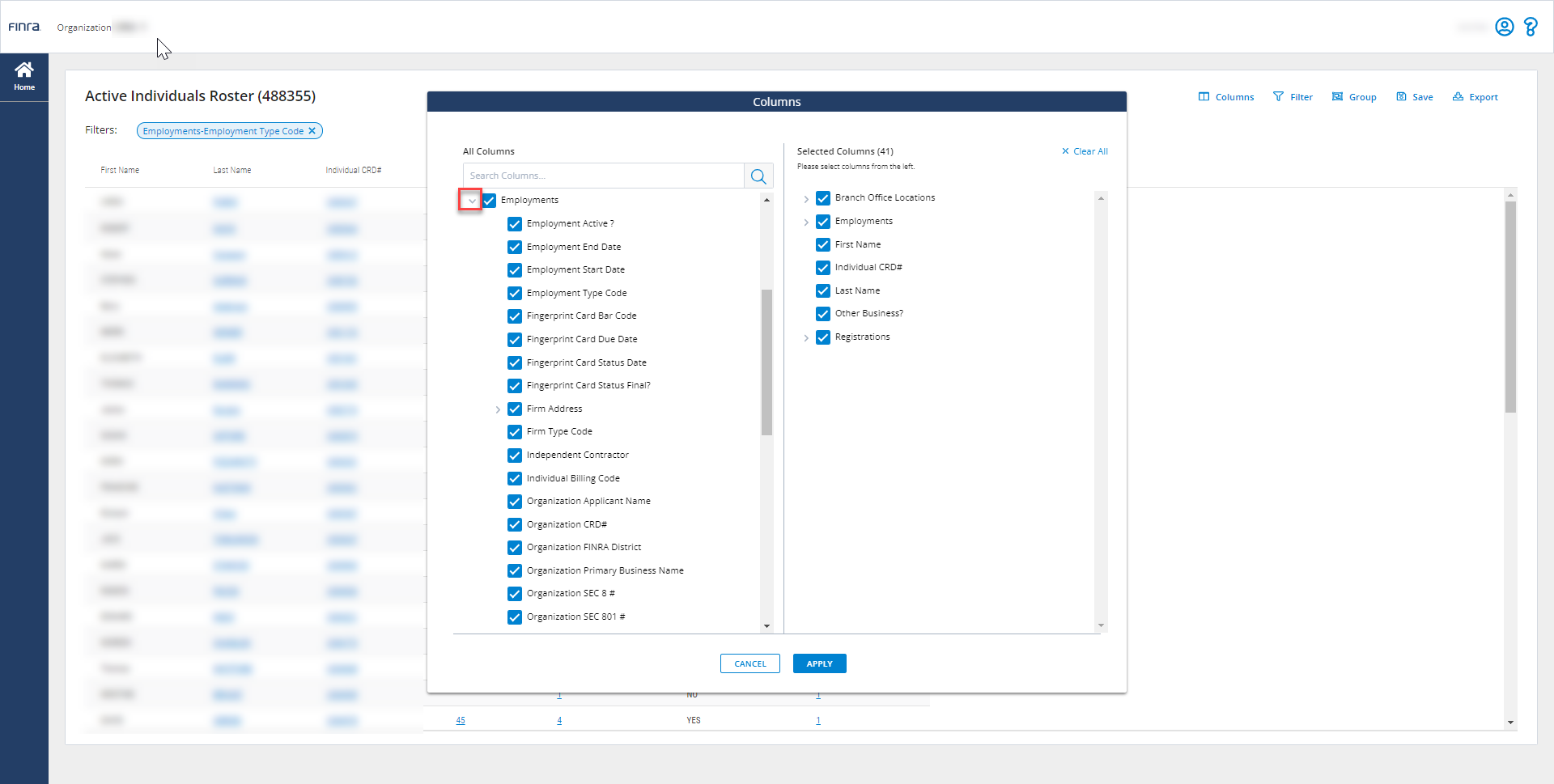 When you select the main Employments column, you automatically select all the columns included in the subtable. Click to expand the Employments section to remove any columns you don’t need included in your template.